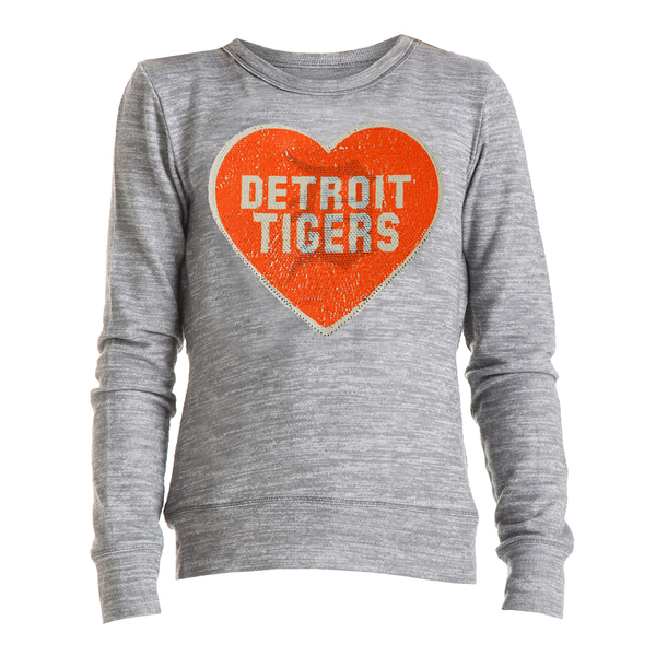 Detroit Tigers New Era Youth Girls Flip Sequin Heart Pullover Sweatshirt - Gray