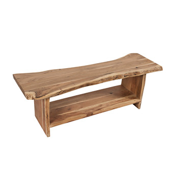 A handcrafted live edge bench made of solid acacia wood, complete with storage shelf.