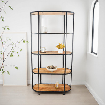 5-Tier Open Wide Solid Mango Wood Industrial Bookshelf