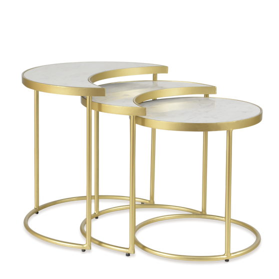 RRI Goods Contemporary Crescent Nesting Table Set of 3, White Marble Top Gold Metal Base