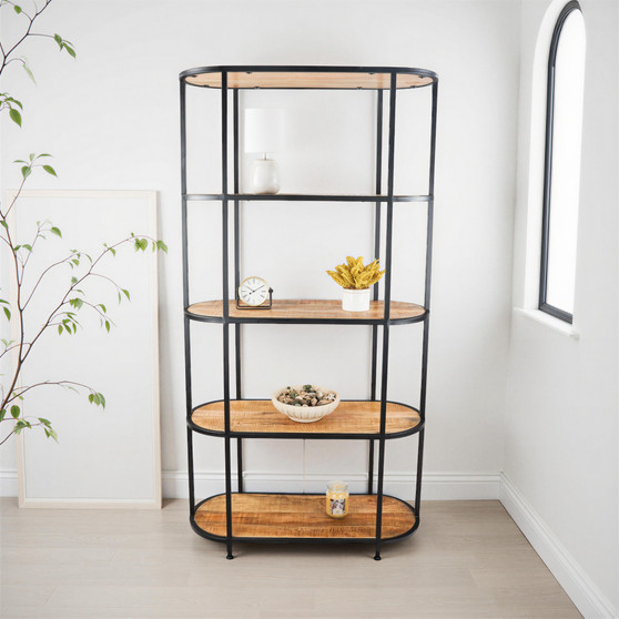 5-Tier Open Wide Solid Mango Wood Industrial Bookshelf