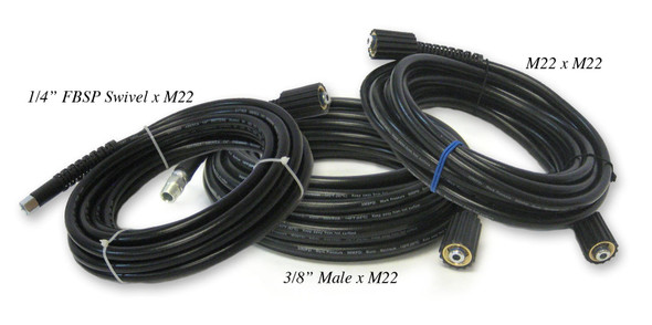 Suttner [Part #080032015] Pressure Washer Consumer Hose, 50', 1/4" ID, .44" OD, 3/8" MNPT x M22 Screw Coupling, 3000 PSI, 140 deg F, Black