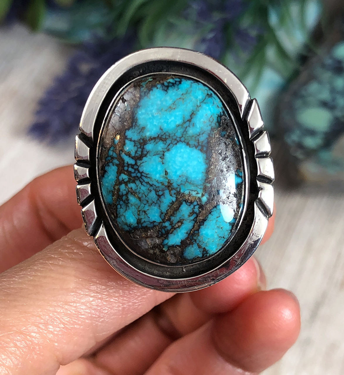 Mens Smoky Spiderweb Bisbee Turquoise Ring - Dillon & Nattarika