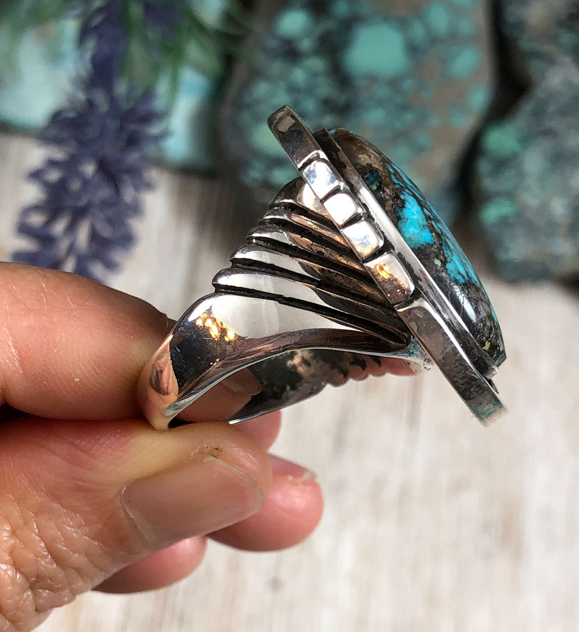 Mens Smoky Spiderweb Bisbee Turquoise Ring - Dillon & Nattarika