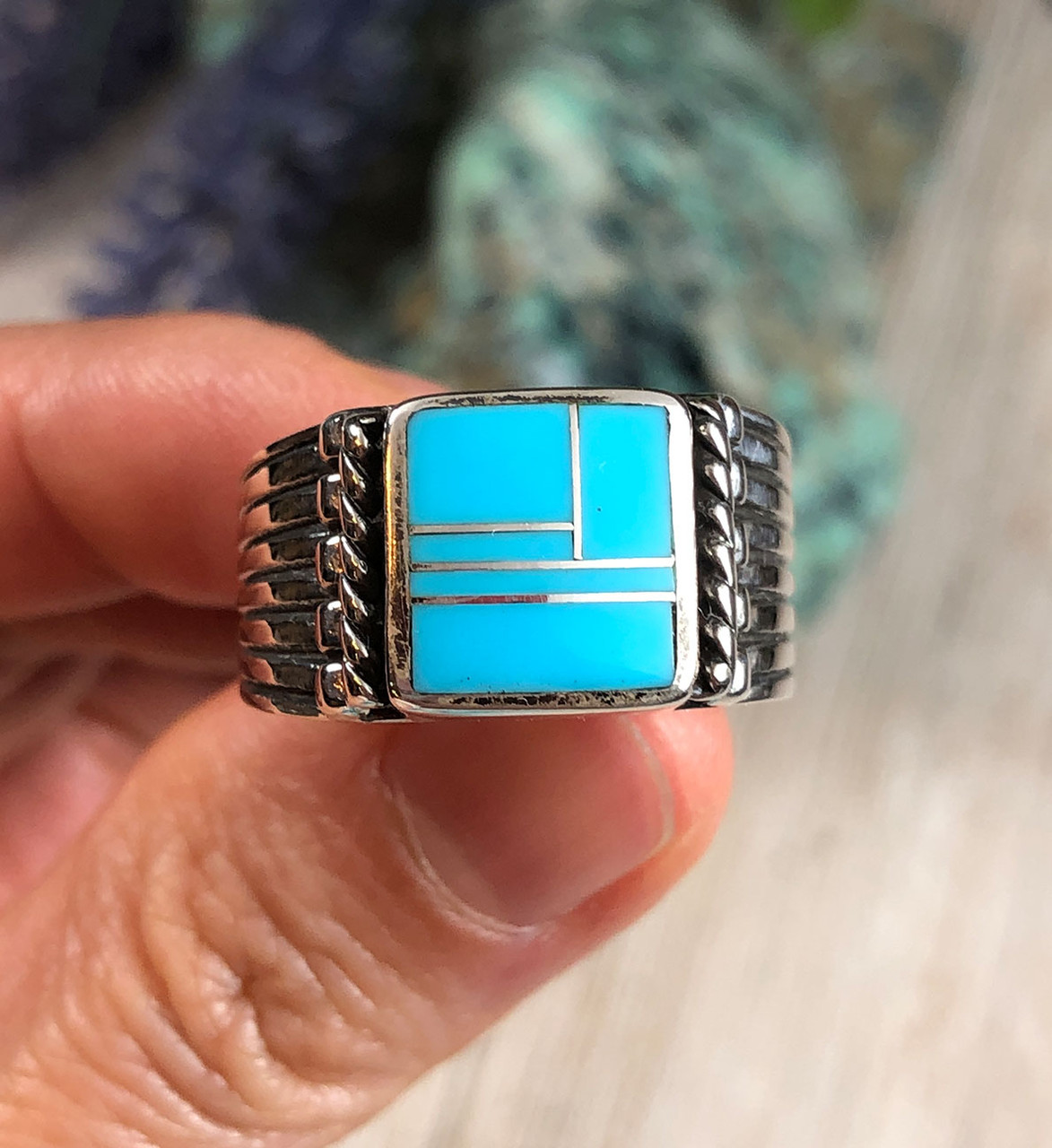 Art Deco Inlay Sleeping Beauty Turquoise Ring - Dillon & Nattarika