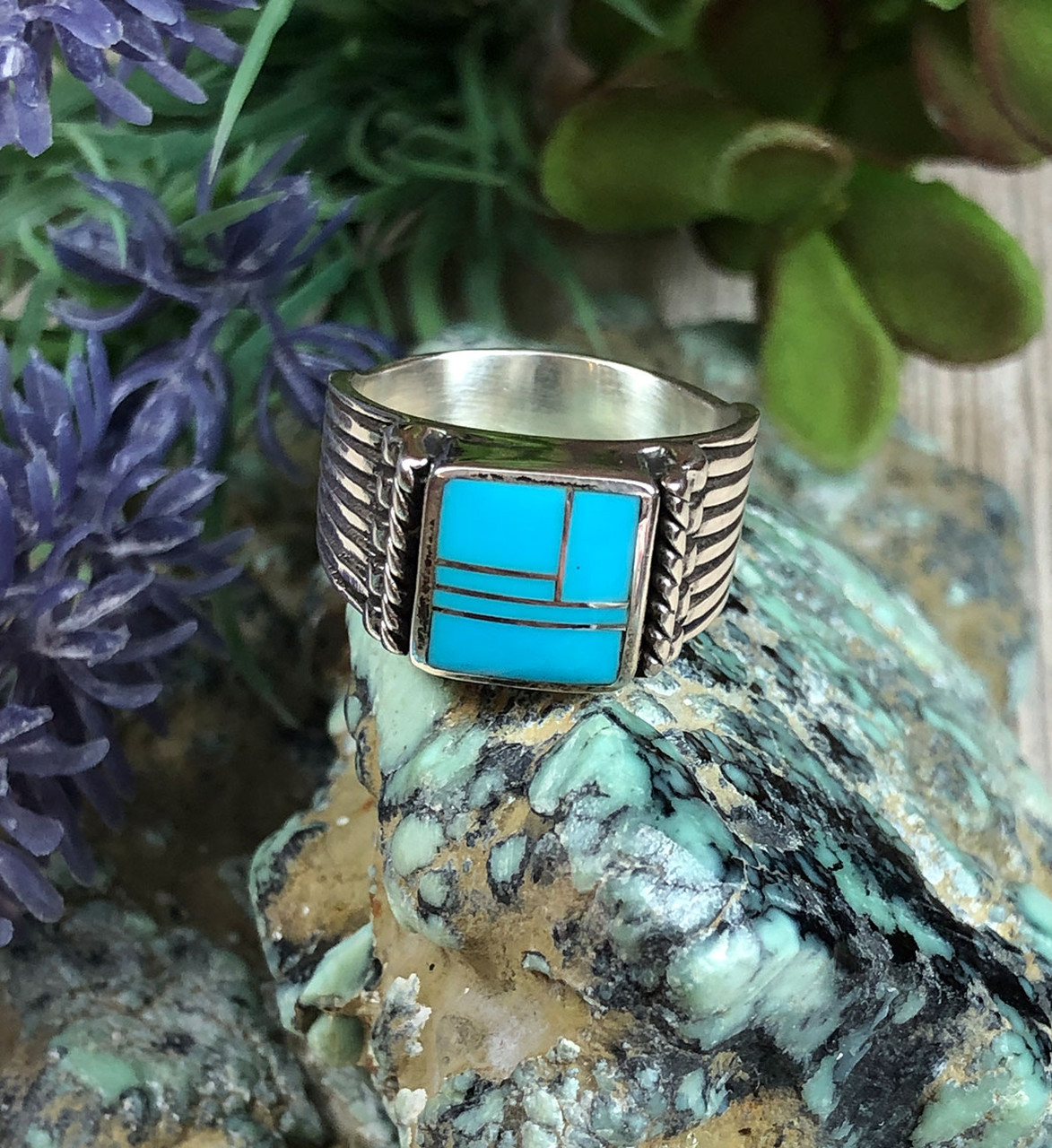 Art Deco Inlay Sleeping Beauty Turquoise Ring - Dillon & Nattarika