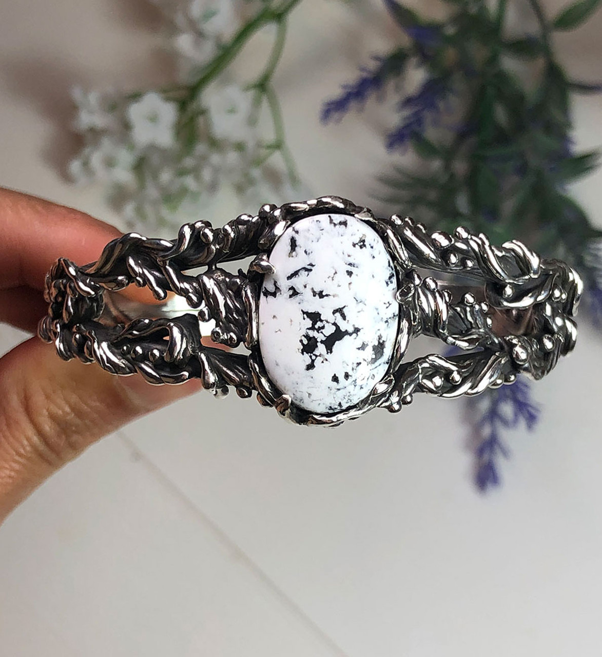 Natural White Buffalo Sterling Silver Cuff Bracelet Size 8