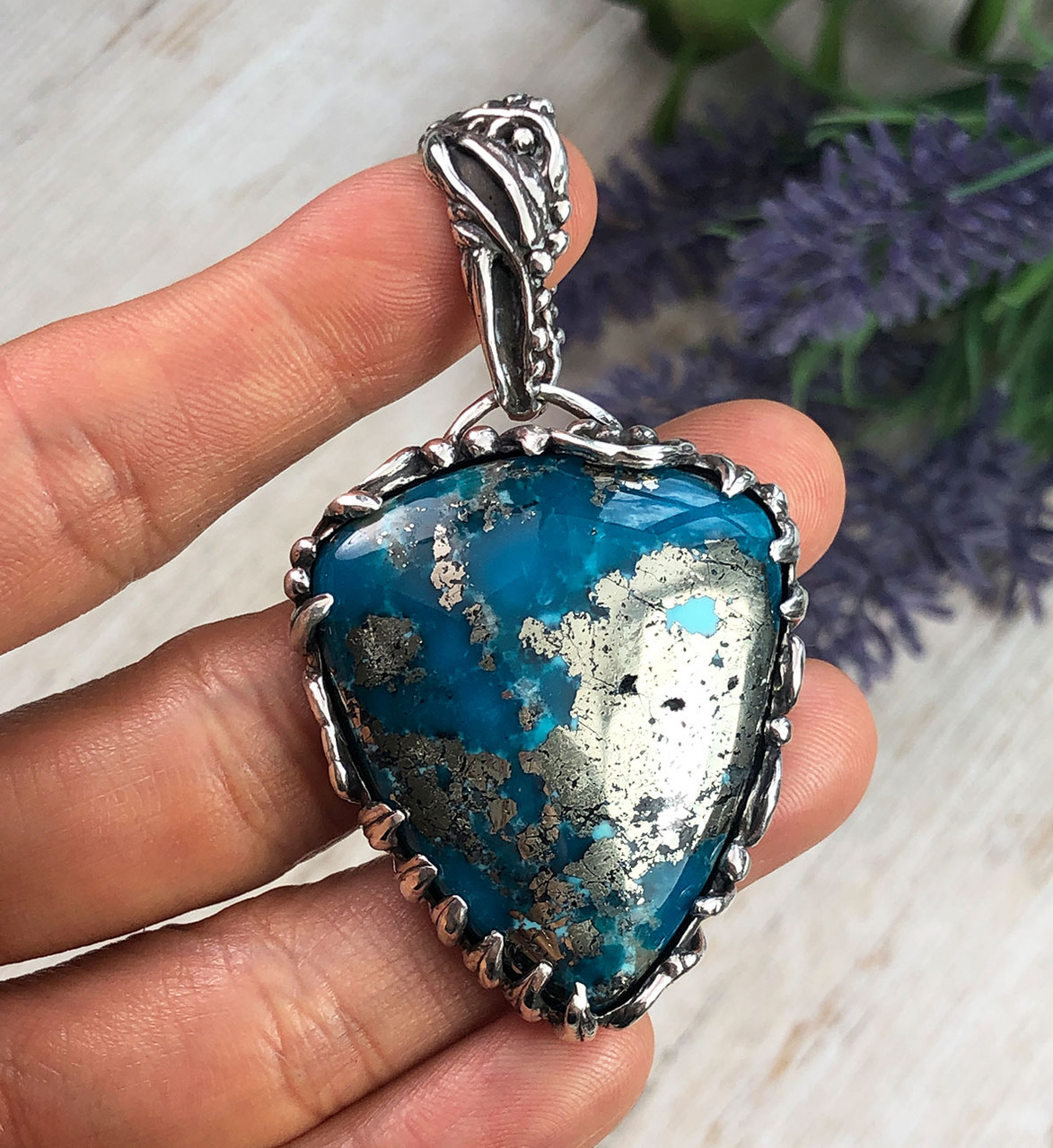 AAA Ithaca Peak Turquoise with Pyrite Silver Pendant