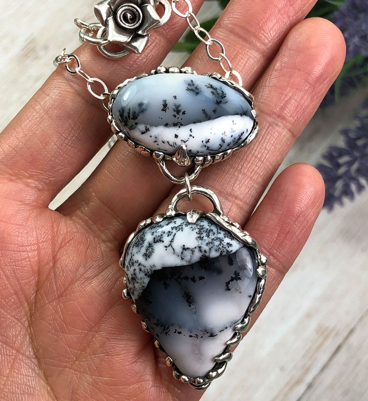 Two Stone Dendritic Agate Silver Necklace