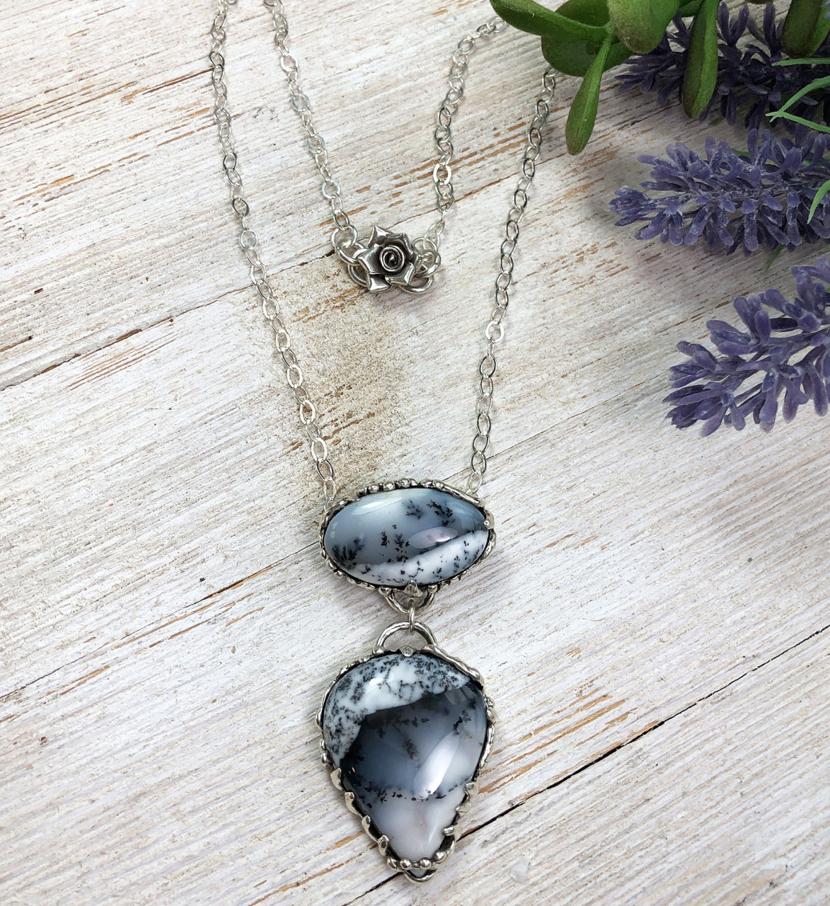 Two Stone Dendritic Agate Silver Necklace