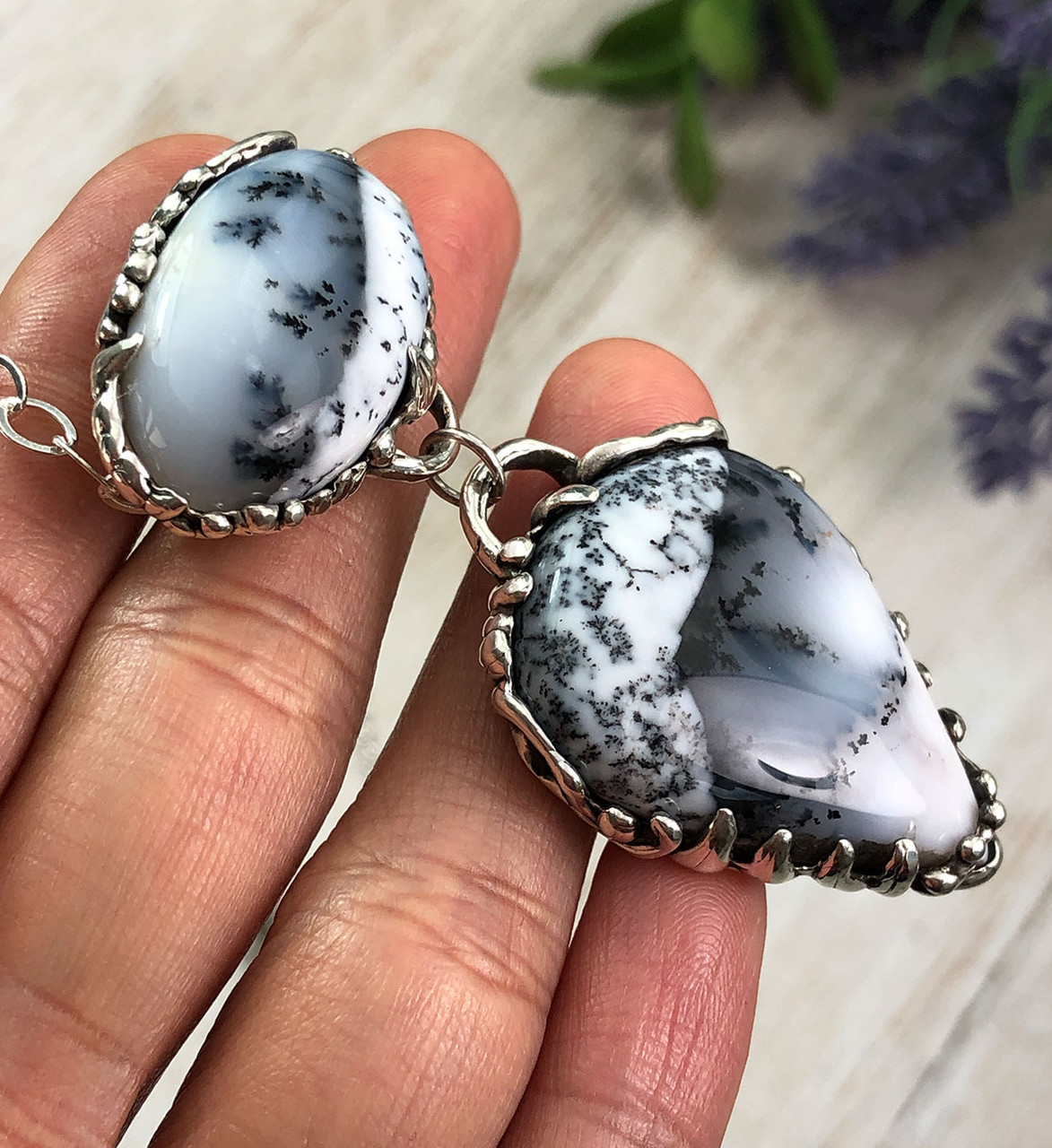 Two Stone Dendritic Agate Silver Necklace