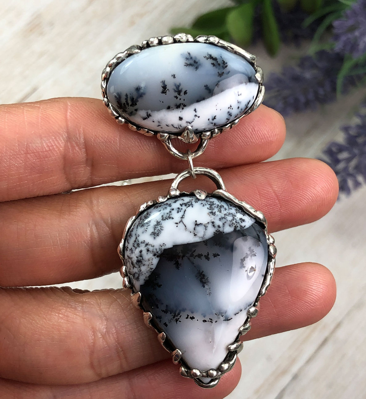 Two Stone Dendritic Agate Silver Necklace