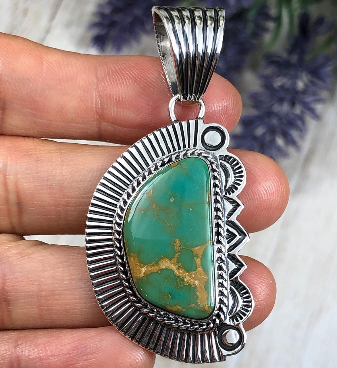 92.5 Sterling Silver Turquoise Pendant Big Oval Designer Pendant Jewelry