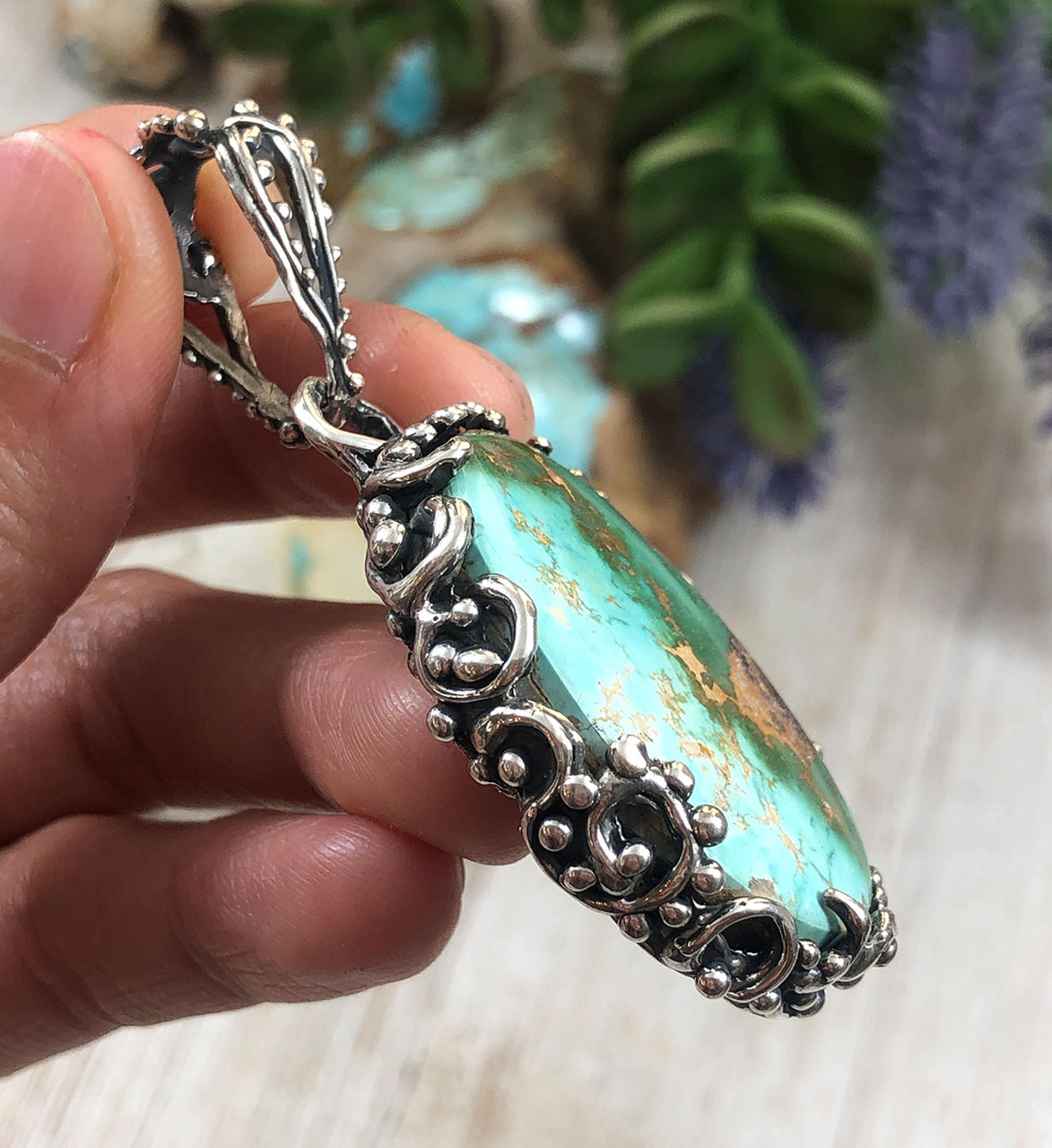 Turquoise Stone Silver Pendant Necklace - FENNO FASHION, LLC