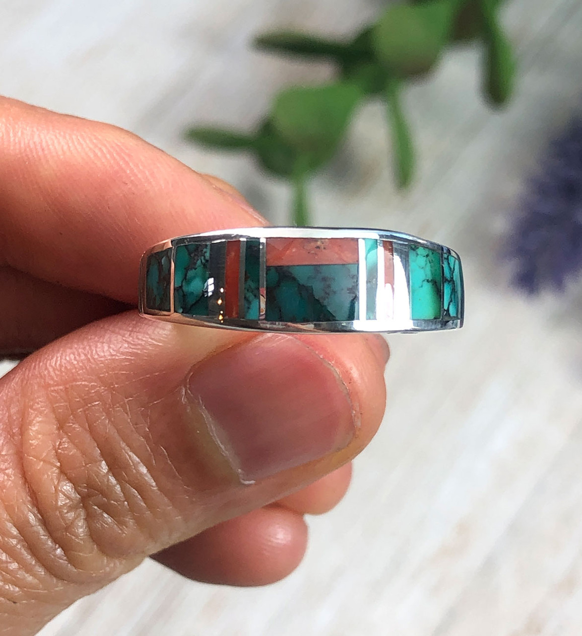 Coral and Spiderweb Turquoise inlaid Sterling Silver band ring - Dillon ...