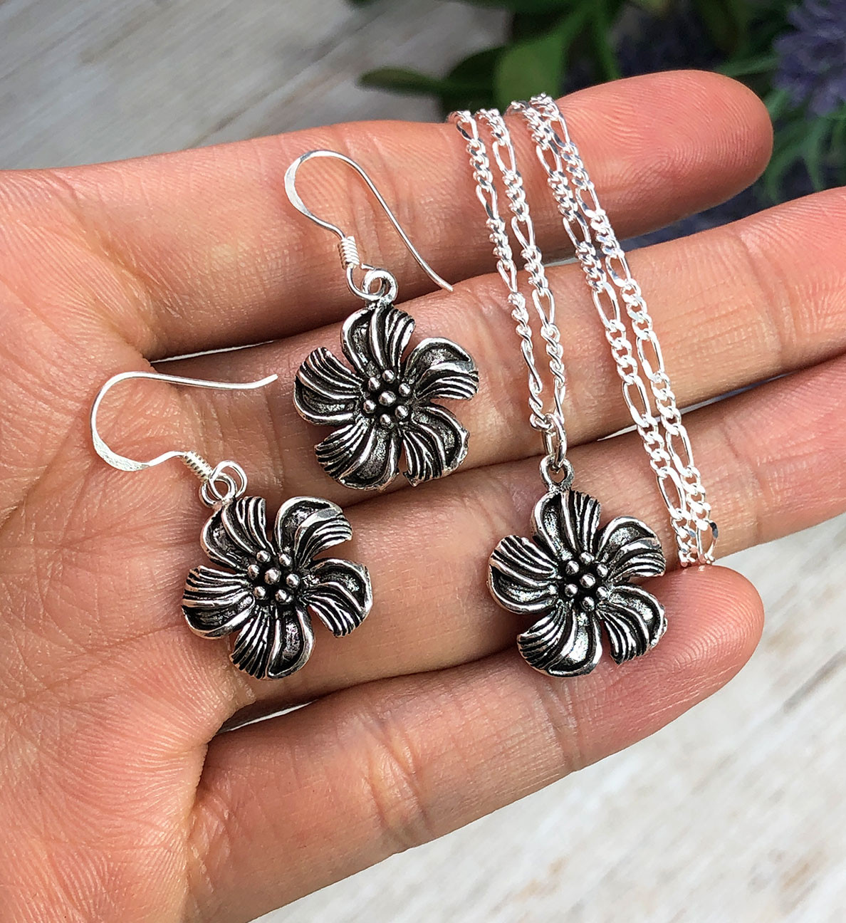 Sterling Silver Flower Earrings and Necklace Set Dillon & Nattarika
