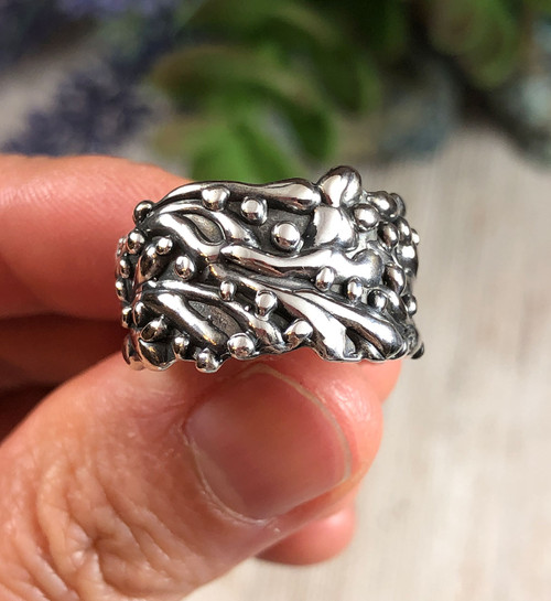 Handmade Lost Wax Style Wide Sterling Silver Band Ring by Nattarika Hartman