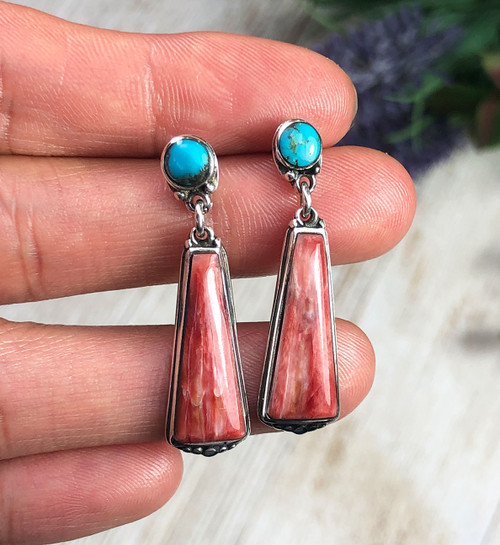 Spiny Oyster and Turquoise Drop Earrings