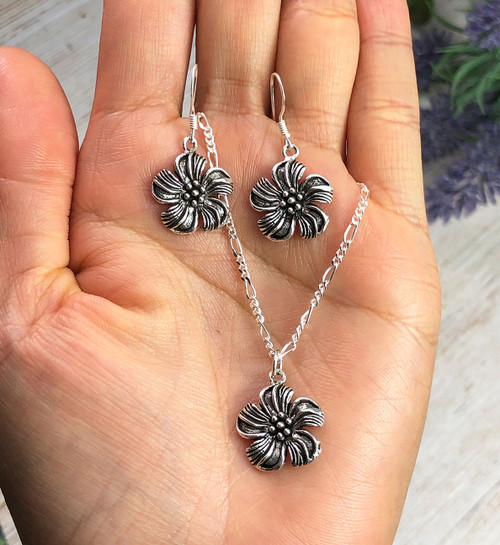 Sterling Silver Flower Earrings and Necklace Set Dillon & Nattarika