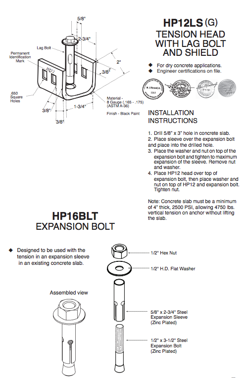 Set of 6 Dry Concrete Anchors Tie Down Straps & Bolts