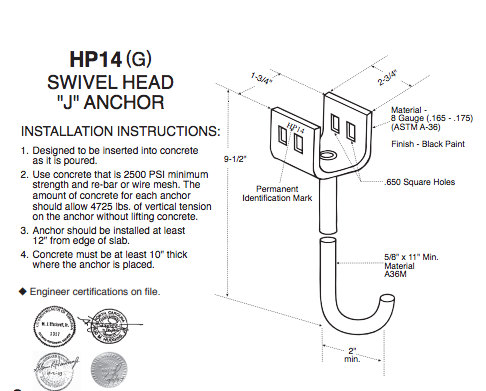 Set of 4 Wet Concrete J Anchors, Tie Down Straps & Bolts