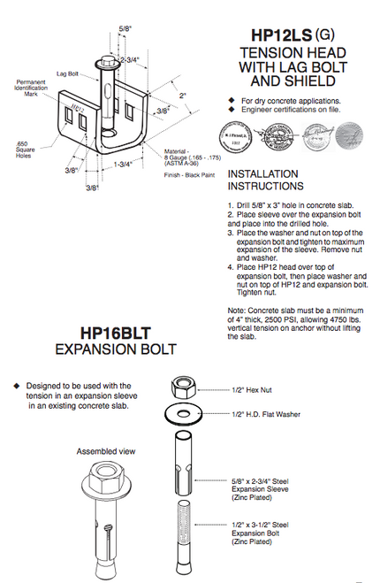 Set of 6 Dry Concrete Anchors Tie Down Straps & Bolts