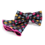 Men's Tricolor Checked Banded Bow Tie and Matching Pocket Round
