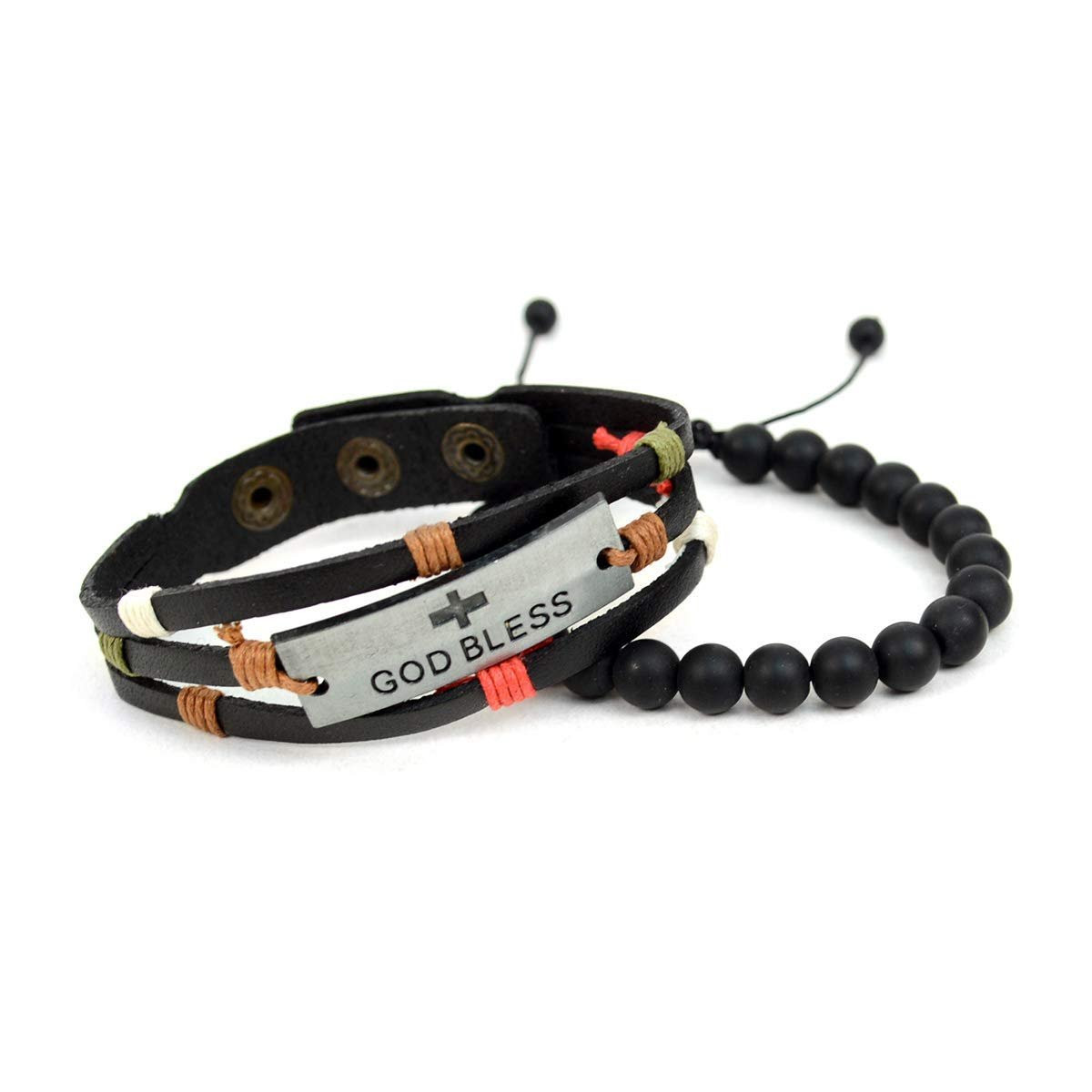 Bg Genuine Leather Black Natural Stone God Bless Cross Two Piece Bracelet Set Men Adjustable Boxed Gifts