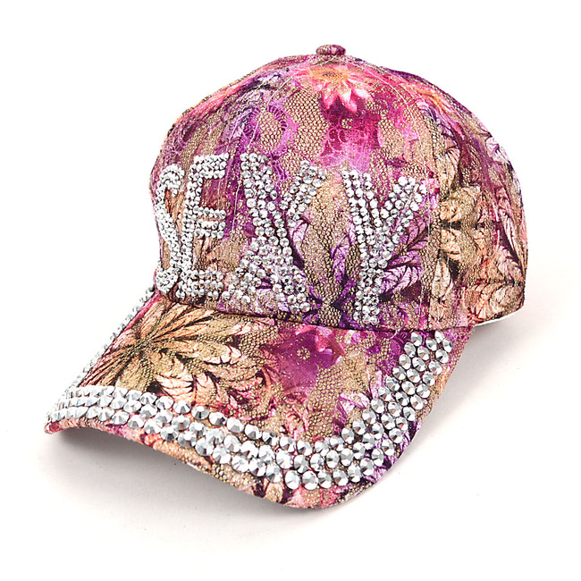 Rhinestone Bling Embellished Pink Flower Baseball Cap