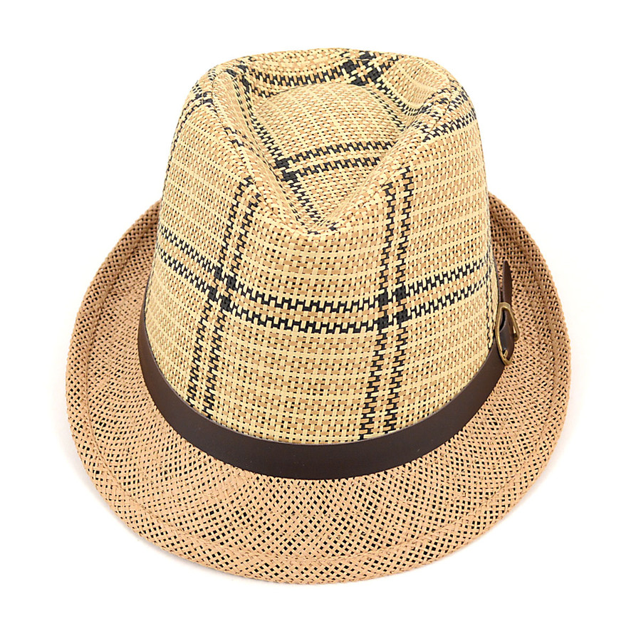  Spring/Summer Woven Striped Fedora Hat with Leather Trim H8793