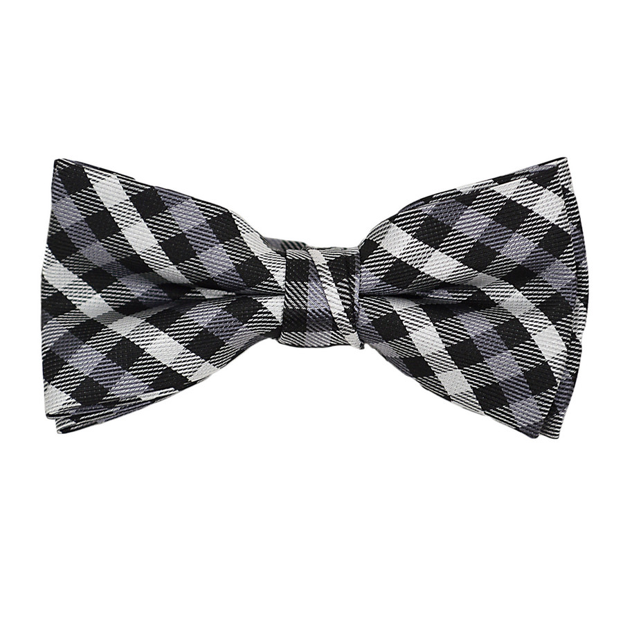Boy's 2" Grey Plaid Polyester Woven Banded Bow Tie - FBB06