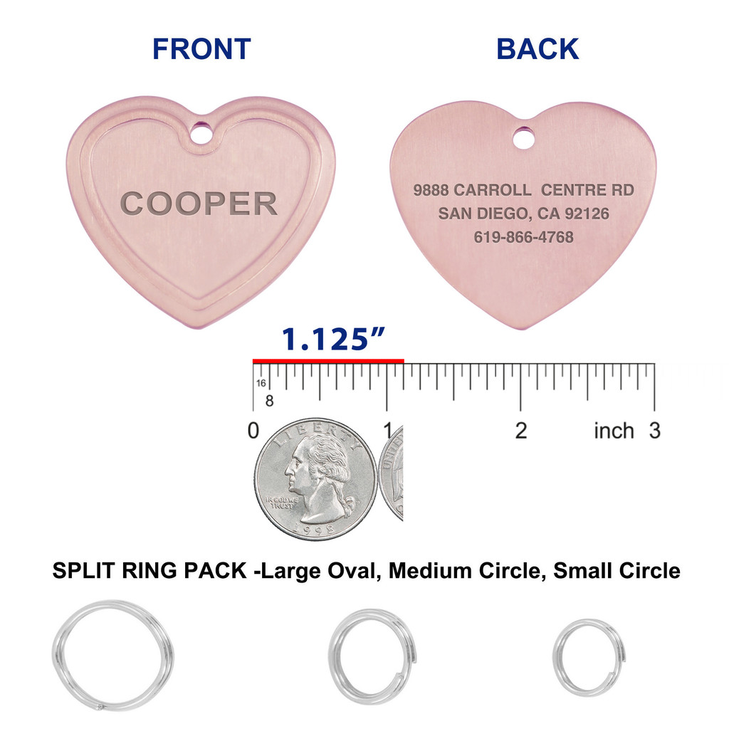 HEART 1-1/8"x1-1/8" Deep Custom Laser Engraved PVD Rose Gold Pet ID Tags, Personalized Dog Tags for Dogs, Cats, Pets - Various Colors