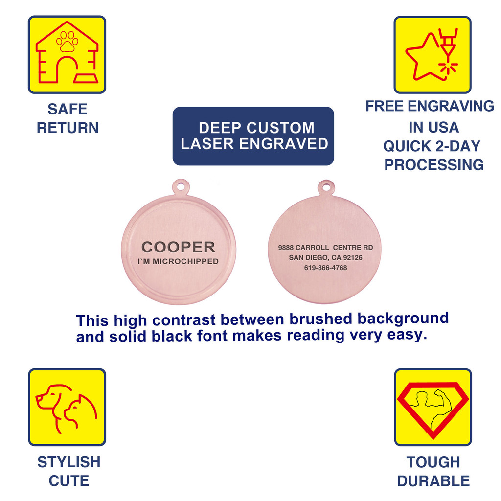 ROUND 1-1/4"x1-1/8"  Dep Custom Laser Engraved PVD Rose Gold Pet ID Tags, Personalized Dog Tags for Dogs, Cats, Pets - Various Colors