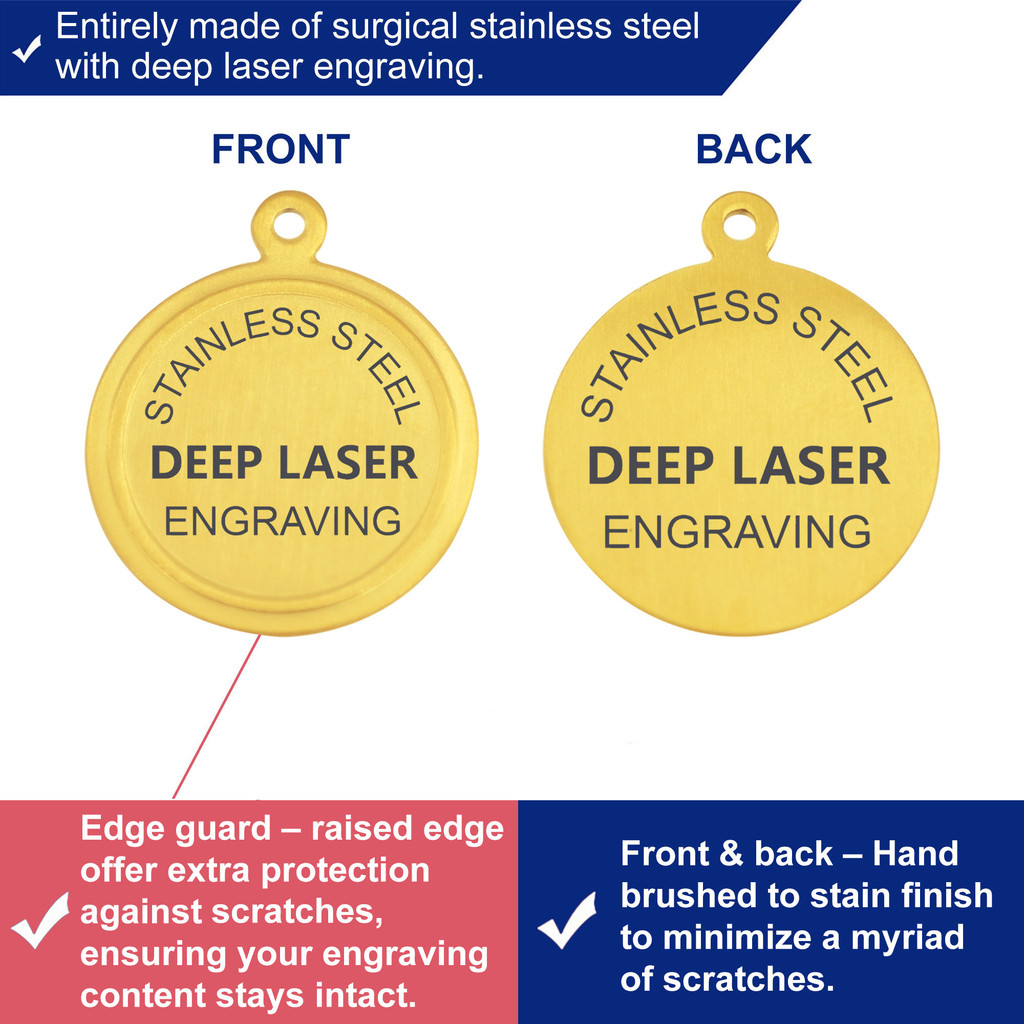 XS ROUND 7/8"x1" Deep Custom Laser Engraved PVD Gold Pet ID Tags, Personalized Dog Tags for Dogs, Cats, Pets - Various Colors