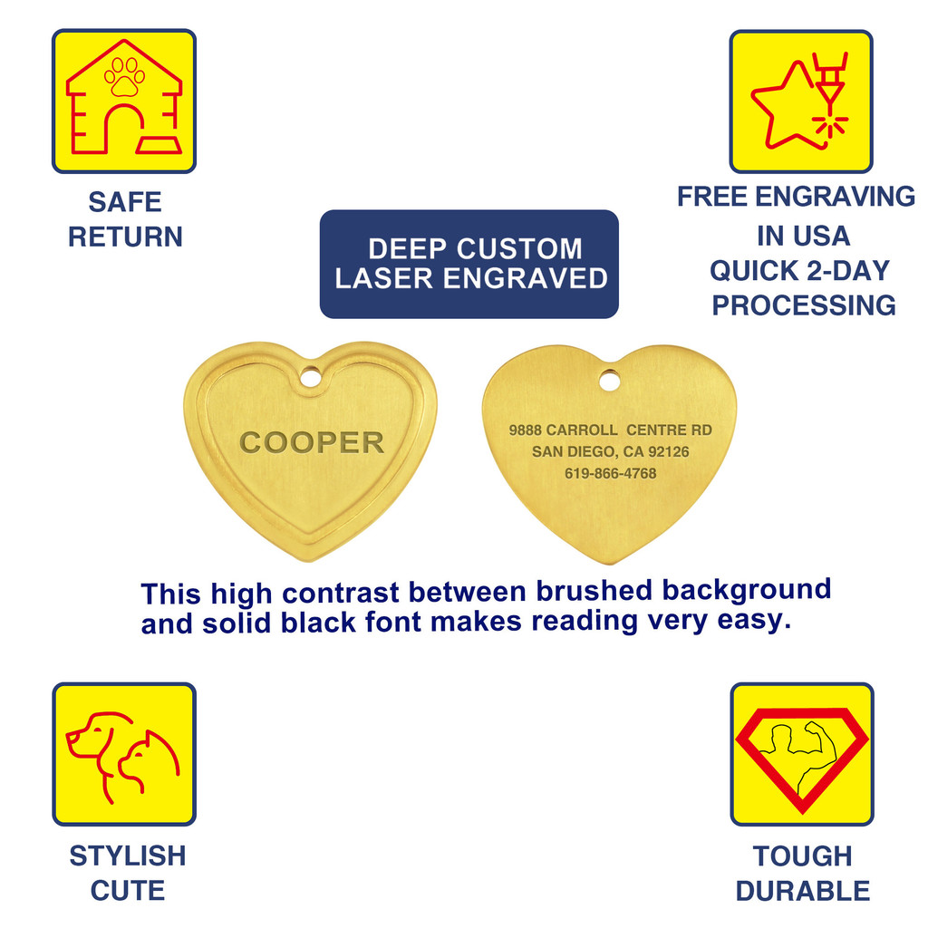 HEART 1-1/8"x1-1/8" Deep Custom Laser Engraved PVD Gold Pet ID Tags, Personalized Dog Tags for Dogs, Cats, Pets - Various Colors