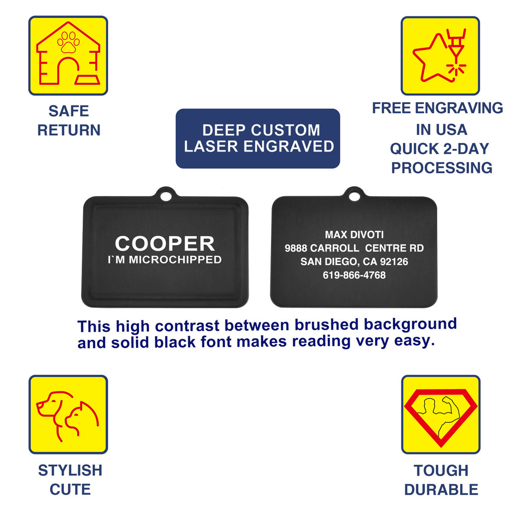 RECTANGLE 7/8"x1-1/4" DEEP Custom Laser Engraved PVD Black Pet ID Tags, Personalized Dog Tags for Dogs, Cats, Pets - Various Colors