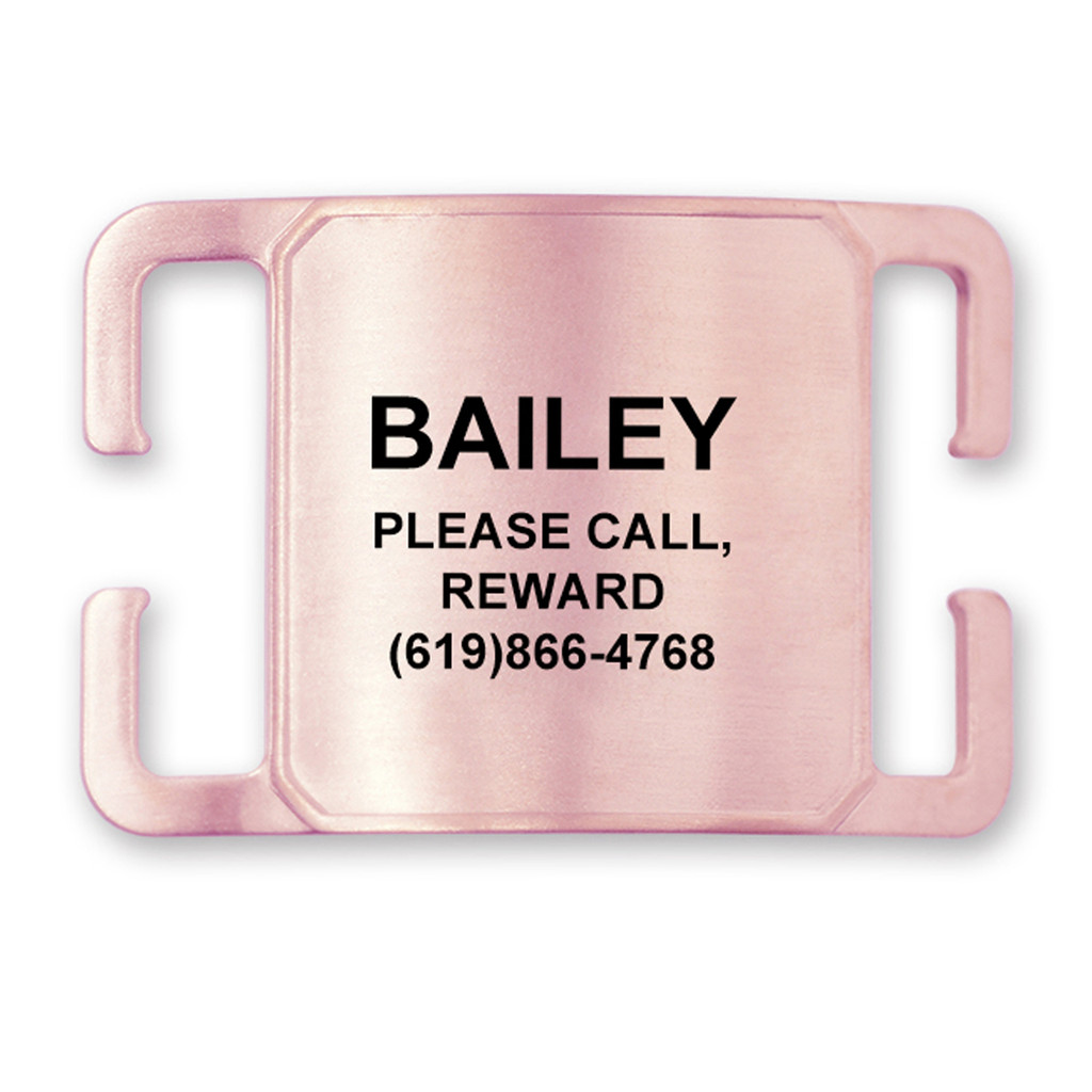 Slide-On Pet ID Tags for Dogs & Cats, Customized Silent, No Noise Collar Tags, Hand-Brushed PVD Rose Gold Stainless Steel, Includes up to 4 Lines of Personalized Text - Large