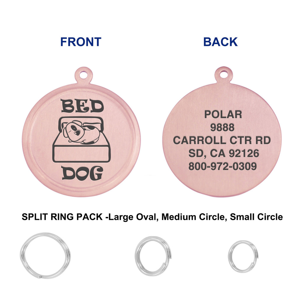 Leash King Engraved PVD Rose Gold Pet ID Tags for Dogs - Personalized Identification Tags - Custom Name Tag w/Split Ring Pack Attachment- Made in USA- 1 OR 1.25" -BED