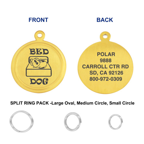 Leash King Engraved PVD Gold Pet ID Tags for Dogs - Personalized Identification Tags - Custom Name Tag w/Split Ring Pack Attachment- Made in USA- 1 OR 1.25" - BED