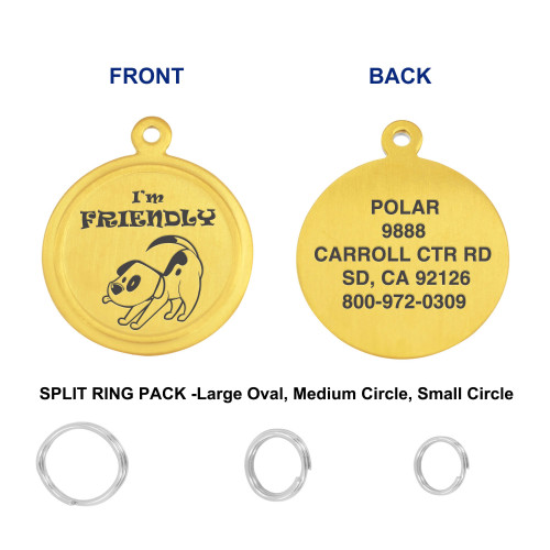 Leash King Engraved PVD Gold Pet ID Tags for Dogs - Personalized Identification Tags - Custom Name Tag w/Split Ring Pack Attachment- Made in USA- 1 OR 1.25" - FRIENDLY