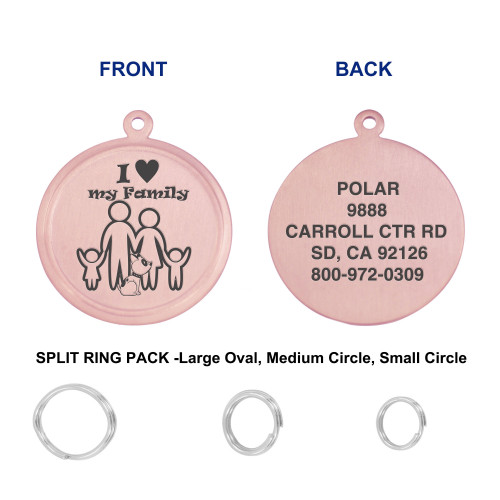 Leash King Engraved PVD Rose Gold Pet ID Tags for Dogs - Personalized Identification Tags - Custom Name Tag w/Split Ring Pack Attachment- Made in USA- 1 OR 1.25" -FAMILY