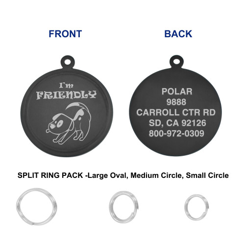 Leash King Engraved PVD Black Pet ID Tags for Dogs - Personalized Identification Tags - Custom Name Tag w/Split Ring Pack Attachment- Made in USA- 1 OR 1.25" -FRIENDLY