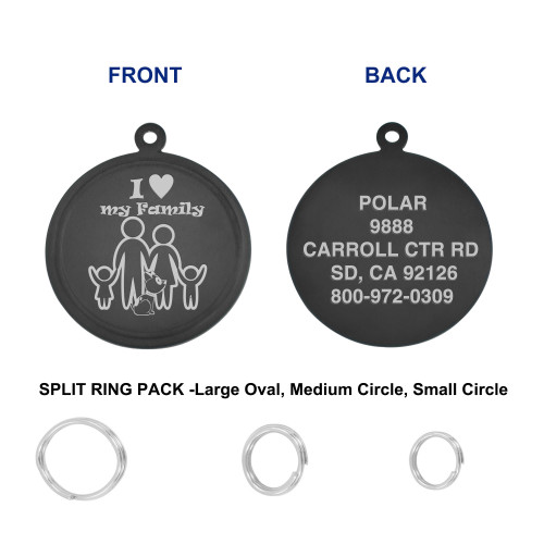 Leash King Engraved PVD Black Pet ID Tags for Dogs - Personalized Identification Tags - Custom Name Tag w/Split Ring Pack Attachment- Made in USA- 1 OR 1.25" -FAMILY