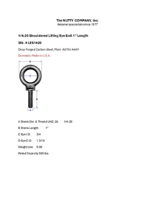 1/4-20 x 1 Shouldered Lifting Eye 500# - U.S.A. | The Nutty Company, Inc.
