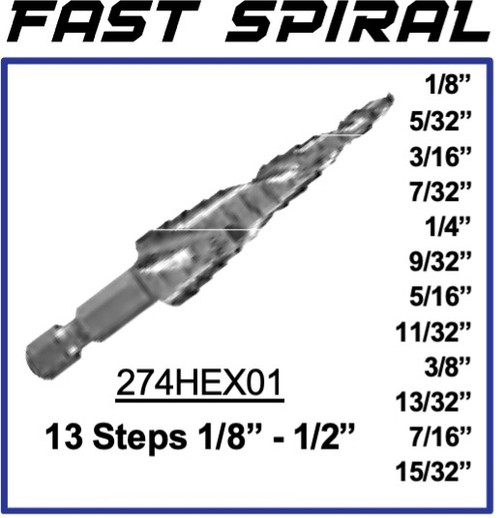 13 Step Drill - HSS 1/8"-1/2" 274HEX01