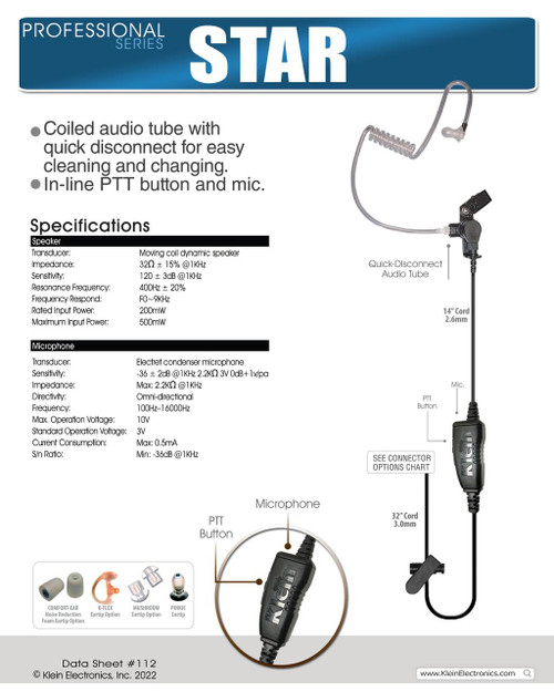 ROCKET SCIENCE Star for Motorola M3 Single Wire Surveillance Earpiece 