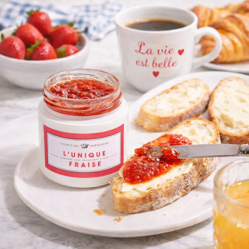 Confiture Parisienne strawberry jam spread on buttered bread with a Parisian breakfast
