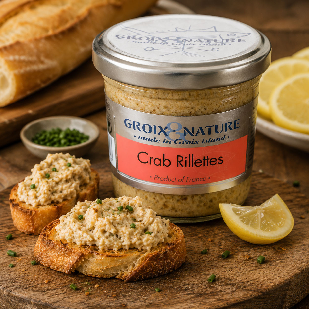 Groix & Nature crab rillettes spread on toasted baguette with lemon