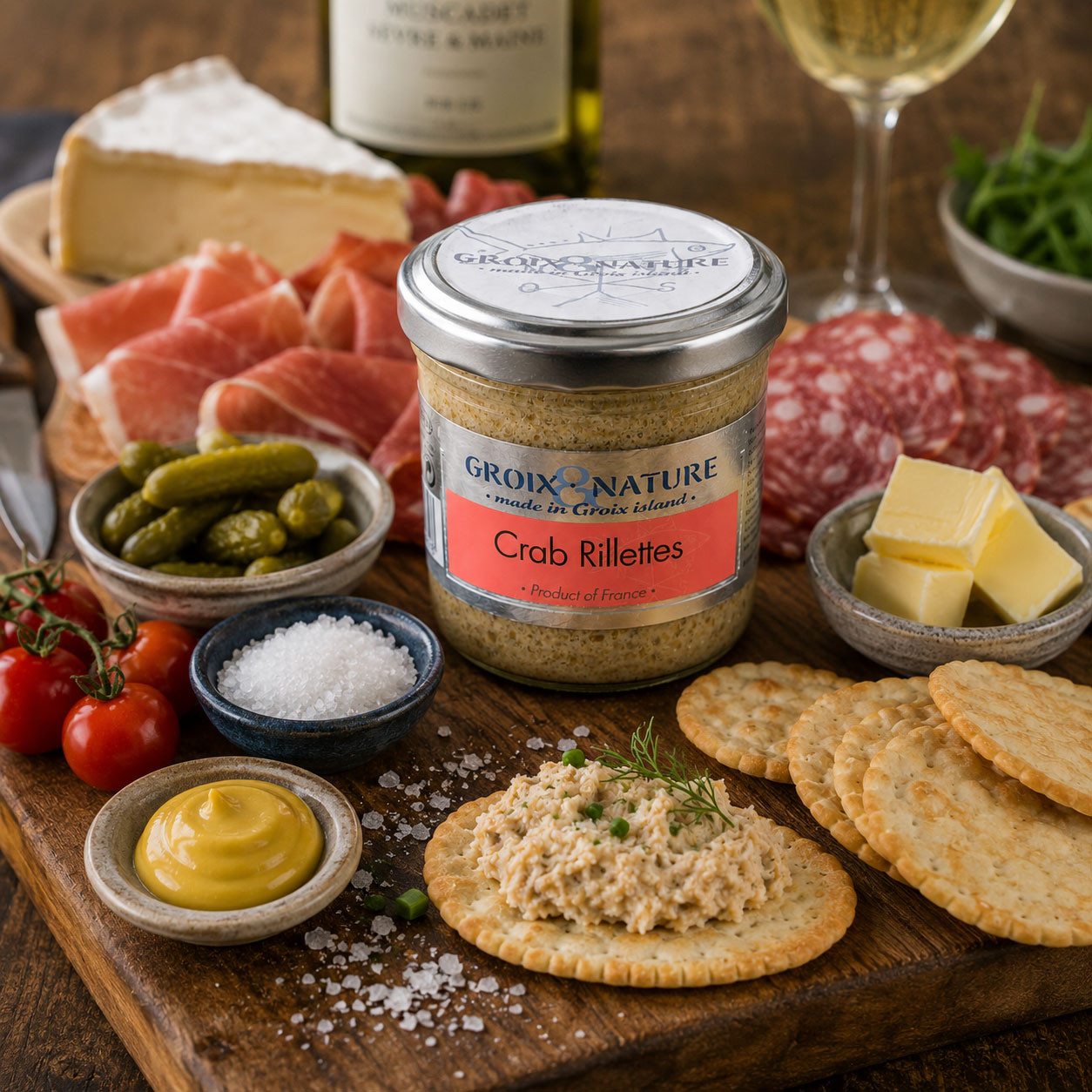 Groix & Nature crab rillettes on a French ap&eacute;ro board with cornichons and mustard