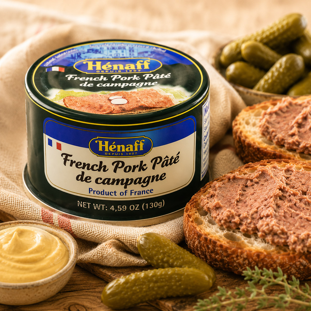 H&eacute;naff p&acirc;t&eacute; de campagne spread on toasted baguette with cornichons